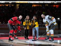 OTTAWA, CANADA - JANUARY 25:  Brady Tkachuk #7 of the Ottawa Senators Mark Stone #61 of the Vegas Golden Knights pose for a ceremonial faceoff in advance of Black History Month prior to an NHL game on January 25, 2026 at Canadian Tire Centre in Ottawa, Ontario, Canada.  (Photo by André Ringuette/NHLI via Getty Images)